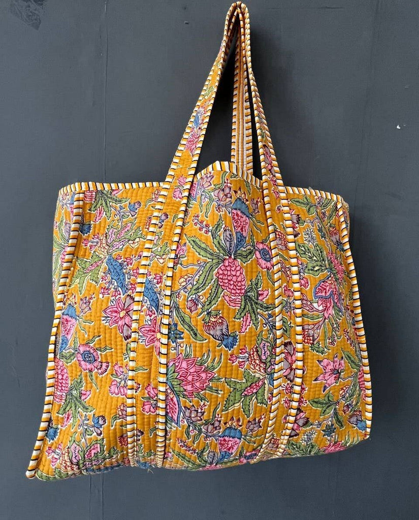 Handmade Cotton Quilted Market Bag - Gold Floral
