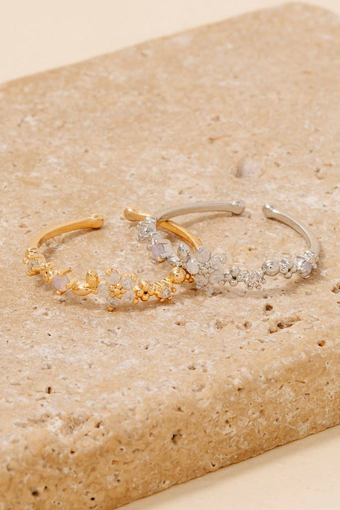 Gold Dipped Cz And Opal Flower Open Band Ring
