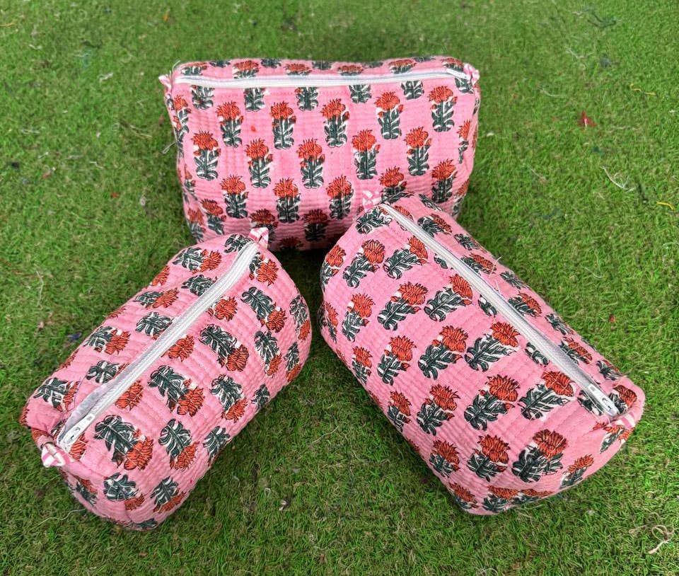 Pink Cotton Bag Floral Printed Cosmetic Bag Quilted Handbag
