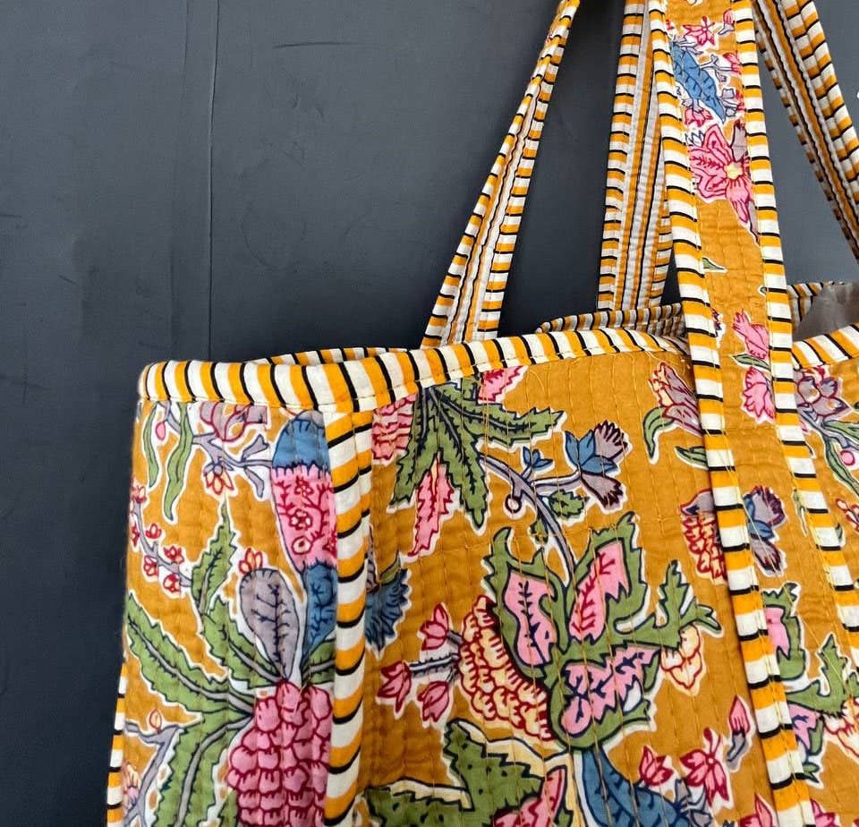 Handmade Cotton Quilted Market Bag - Gold Floral