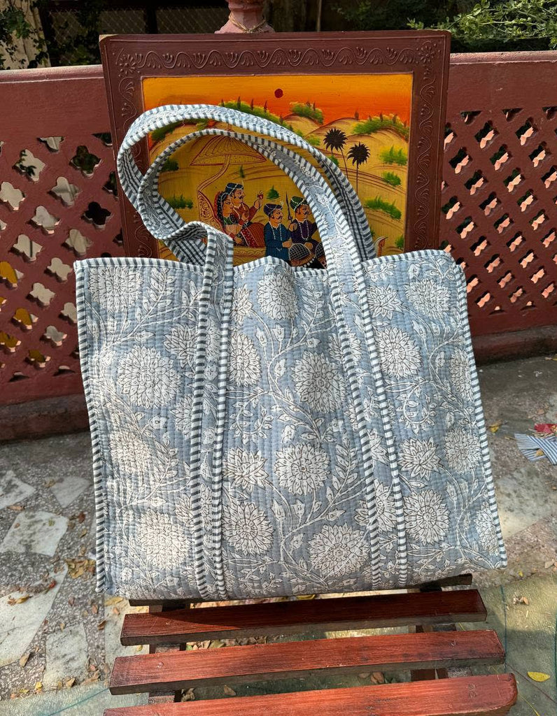 Handmade Cotton Quilted Market Bag - Slate Floral