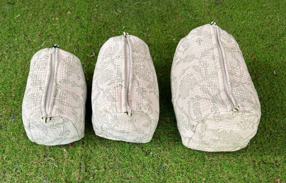 Quilted Cotton Bag Handprinted Toiletry Bag Makeup Bag Pouch