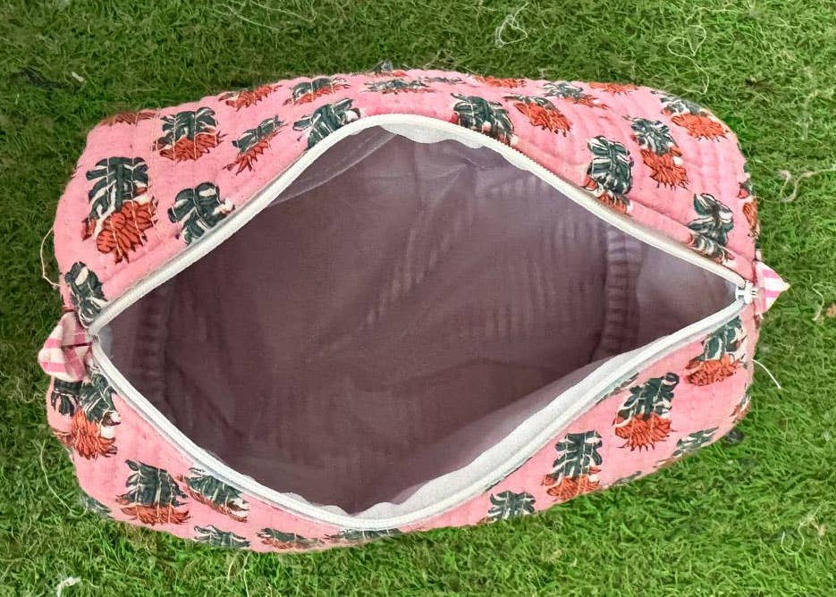 Pink Cotton Bag Floral Printed Cosmetic Bag Quilted Handbag