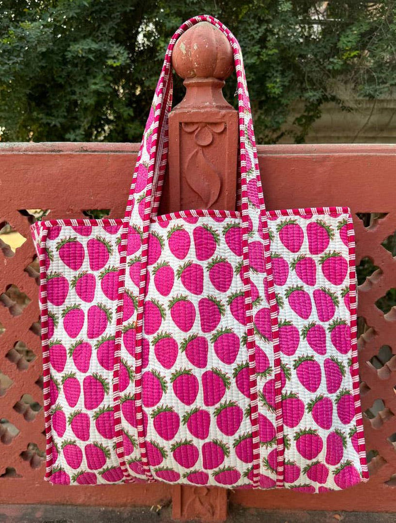 Handmade Cotton Quilted Market Bag - Strawberry