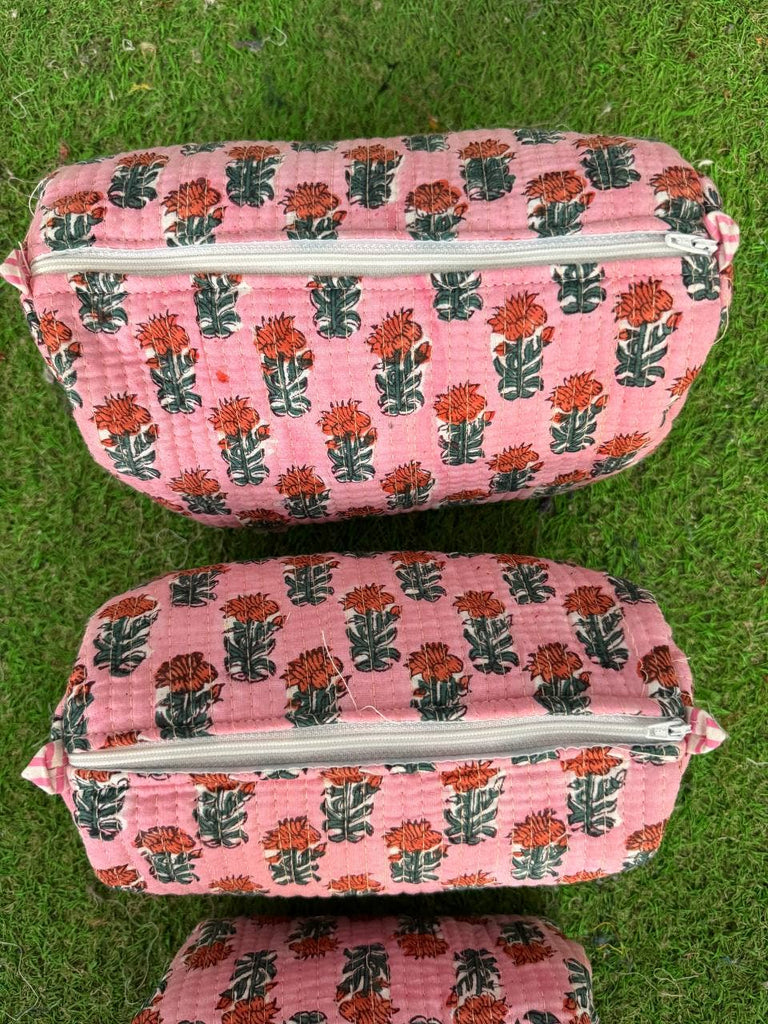 Pink Cotton Bag Floral Printed Cosmetic Bag Quilted Handbag