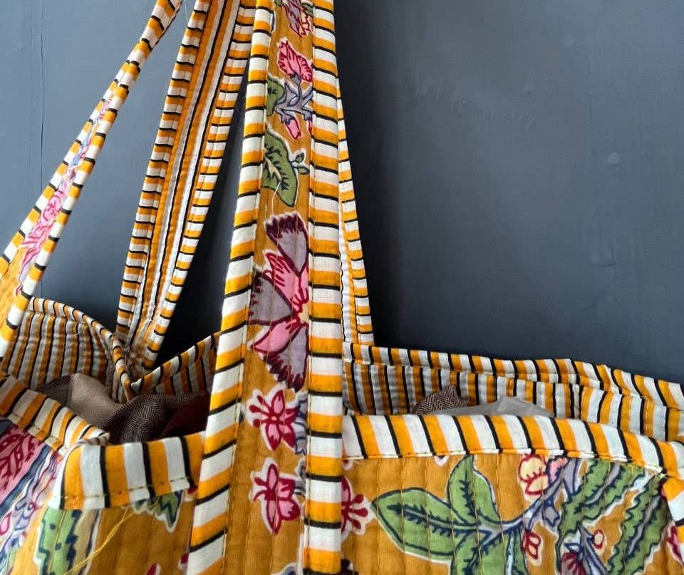 Handmade Cotton Quilted Market Bag - Gold Floral