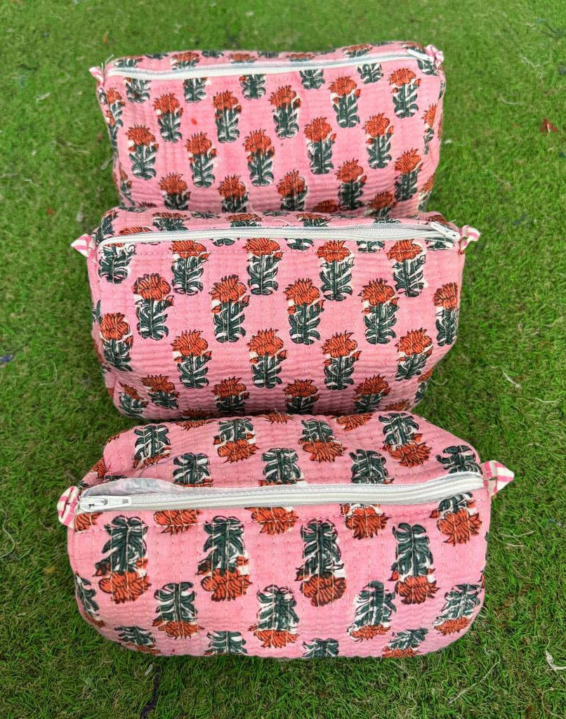 Pink Cotton Bag Floral Printed Cosmetic Bag Quilted Handbag