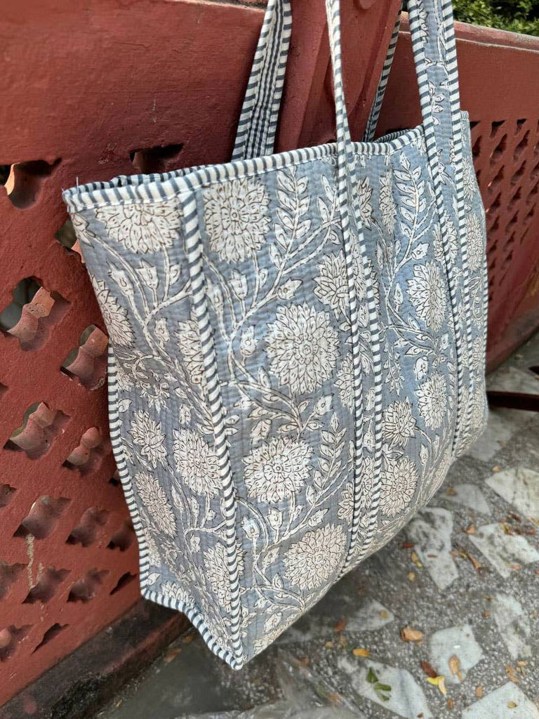 Handmade Cotton Quilted Market Bag - Slate Floral