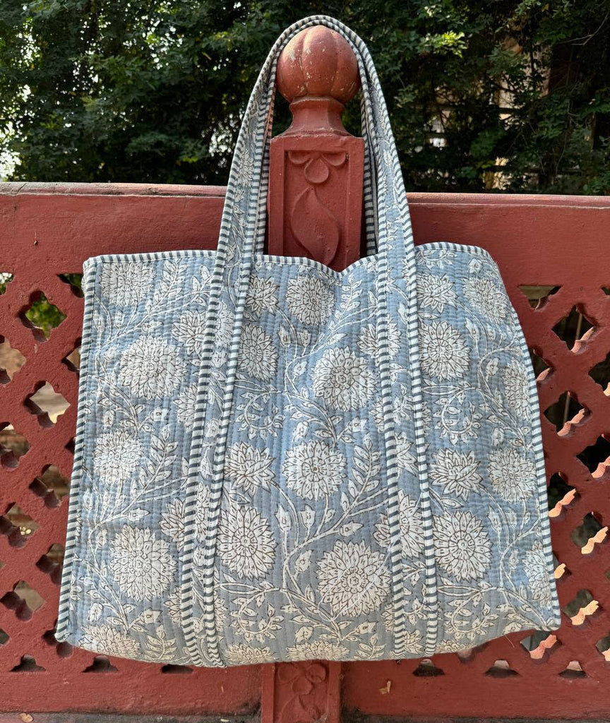 Handmade Cotton Quilted Market Bag - Slate Floral
