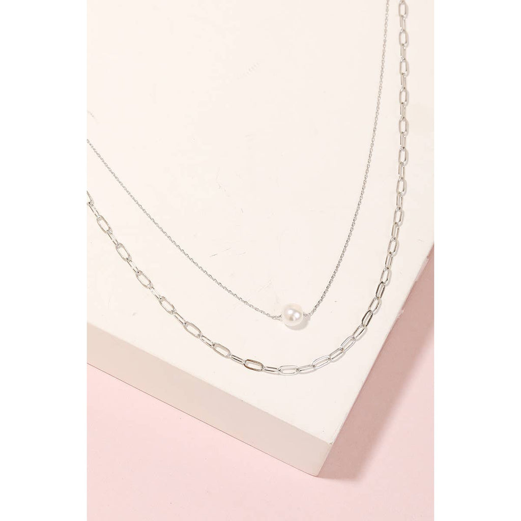 Layered Chain Link Pearl Ball Charm Necklace