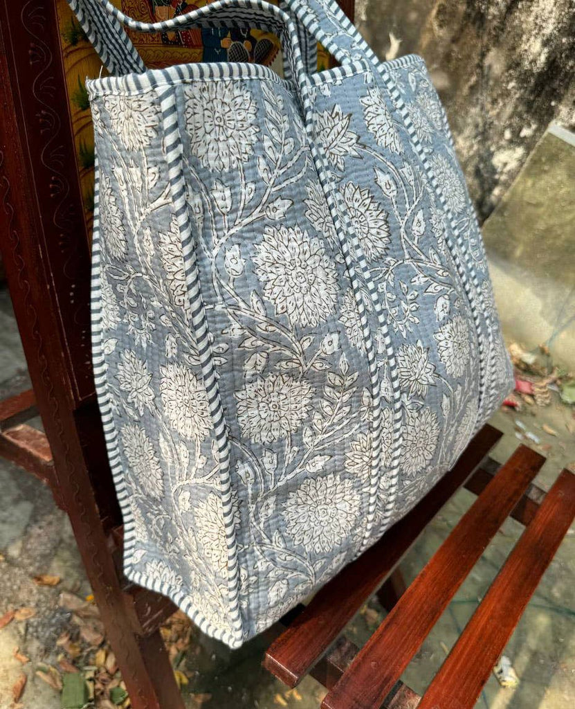 Handmade Cotton Quilted Market Bag - Slate Floral