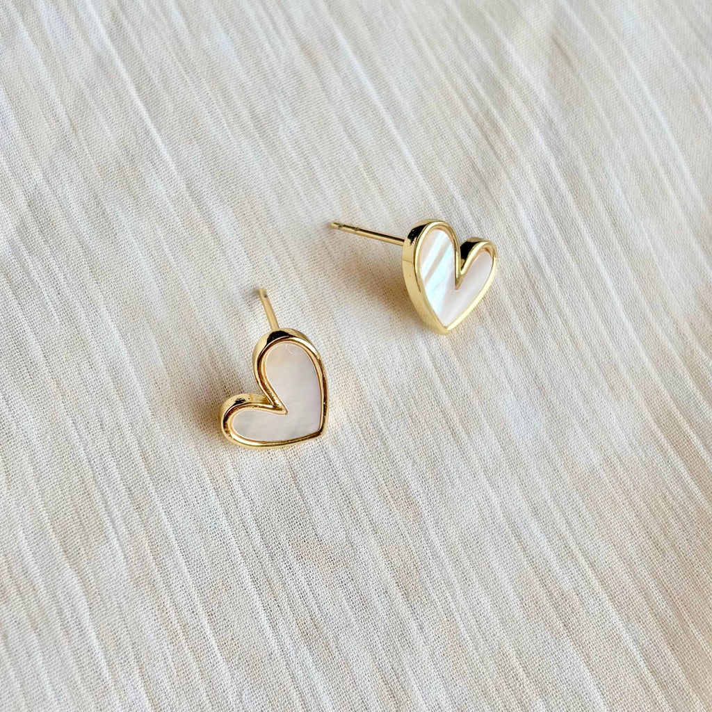 WHITE SHELL HEART STUDS | 18k gold | valentine's earrings