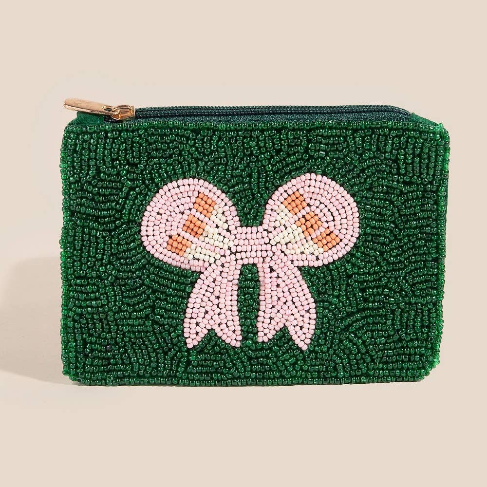 Green And Pink Seed Beaded Ribbon Bow Coin Purse