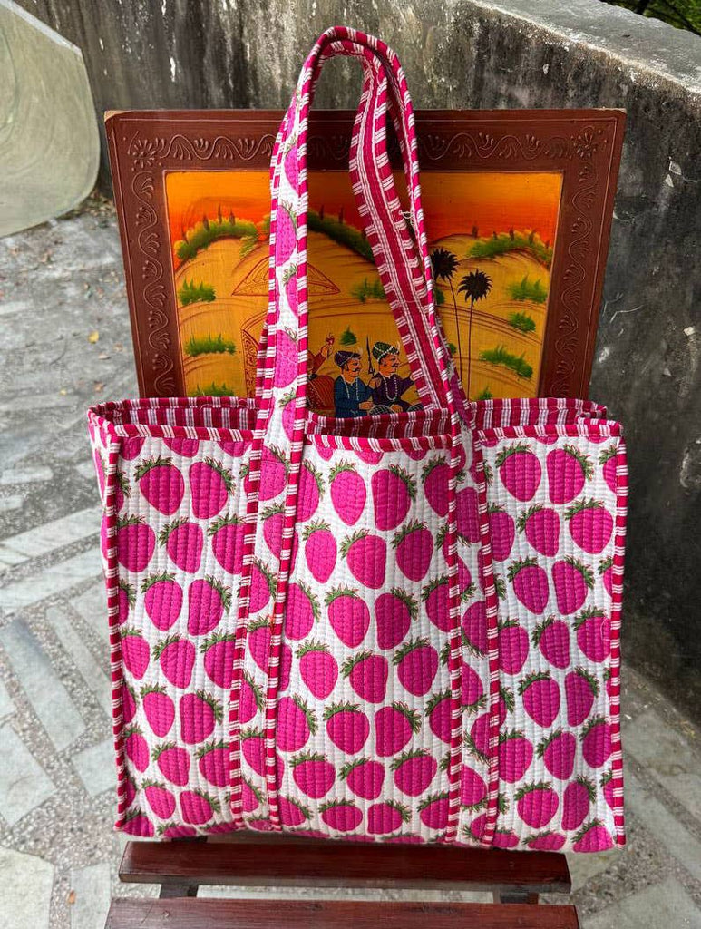 Handmade Cotton Quilted Market Bag - Strawberry
