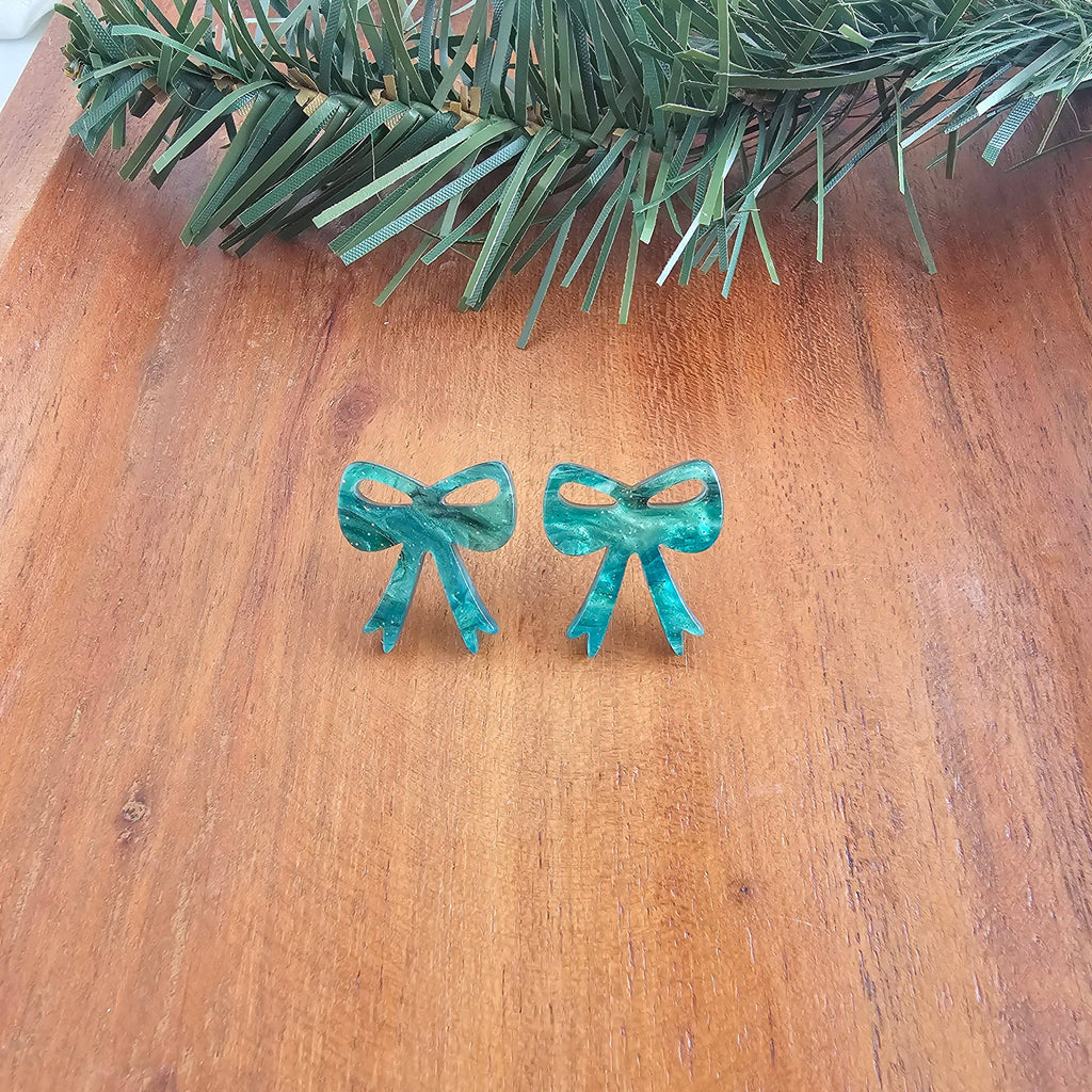 Bow Studs - Green Shimmer // Christmas, Holiday, Jewelry, Earrings