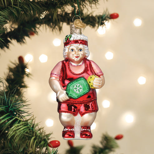 Pickleball Mrs. Claus Glass Ornament