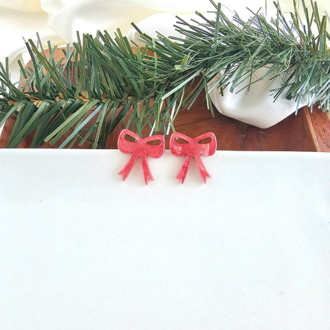 Bow Studs - Red Shimmer // Christmas, Holiday, Jewelry, Earrings
