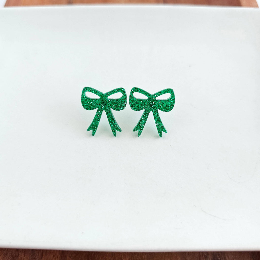 Bow Studs - Green Glitter // Jewelry, Earrings, Game Day, Christmas