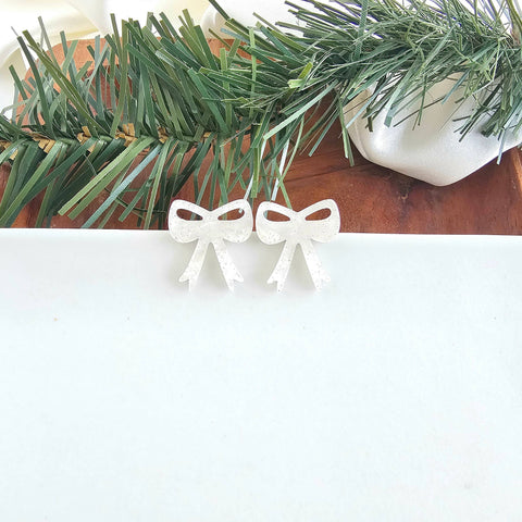 Bow Studs - White Shimmer // Christmas, Holiday, Jewelry, Earrings