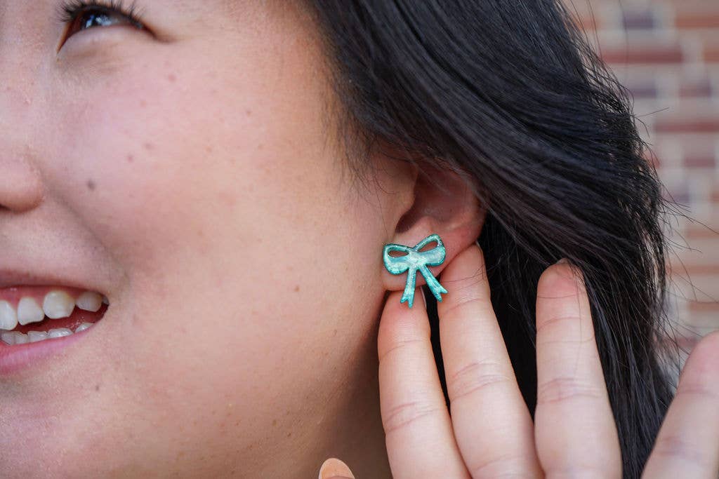 Bow Studs - Green Shimmer // Christmas, Holiday, Jewelry, Earrings