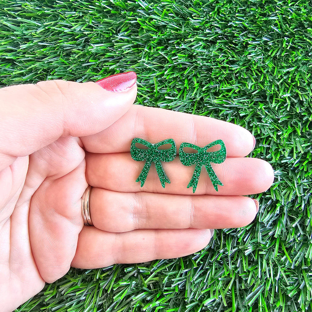 Bow Studs - Green Glitter // Jewelry, Earrings, Game Day, Christmas