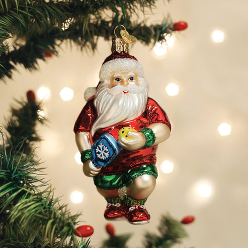 Pickleball Santa Glass Ornament