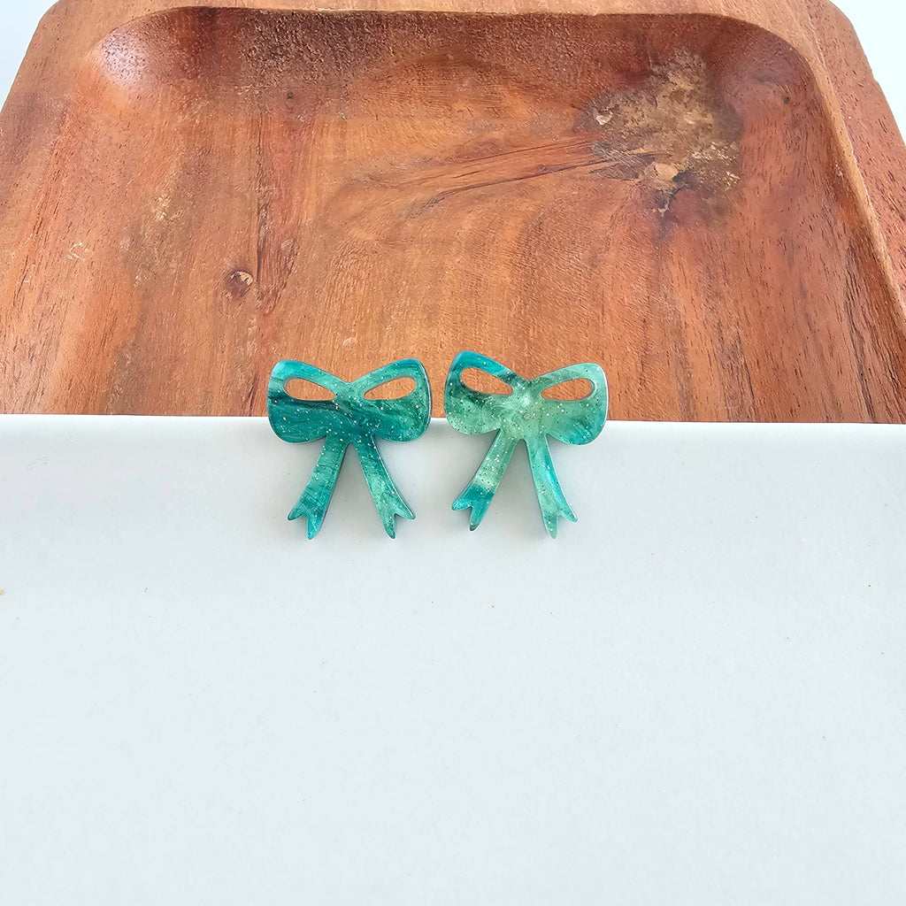 Bow Studs - Green Shimmer // Christmas, Holiday, Jewelry, Earrings