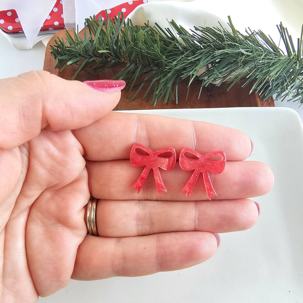 Bow Studs - Red Shimmer // Christmas, Holiday, Jewelry, Earrings
