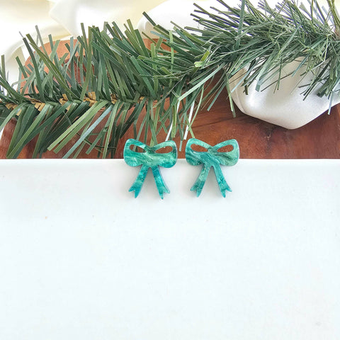 Bow Studs - Green Shimmer // Christmas, Holiday, Jewelry, Earrings