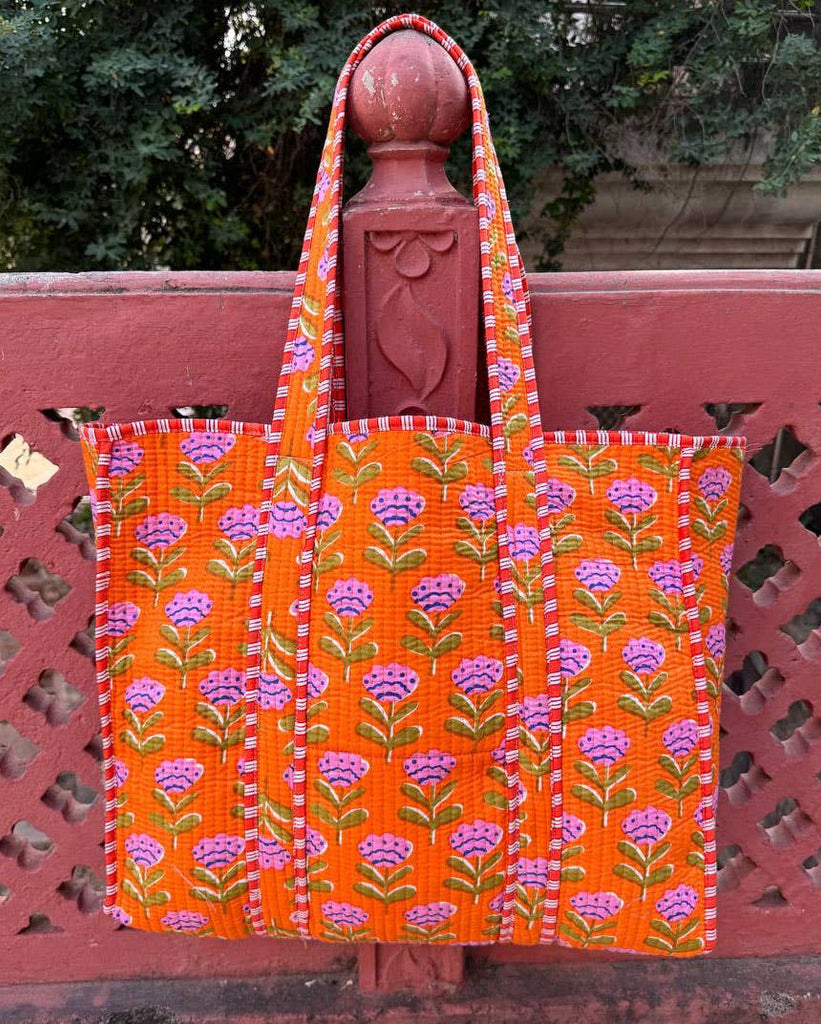 Handmade Cotton Quilted Market Bag - Orange Floral