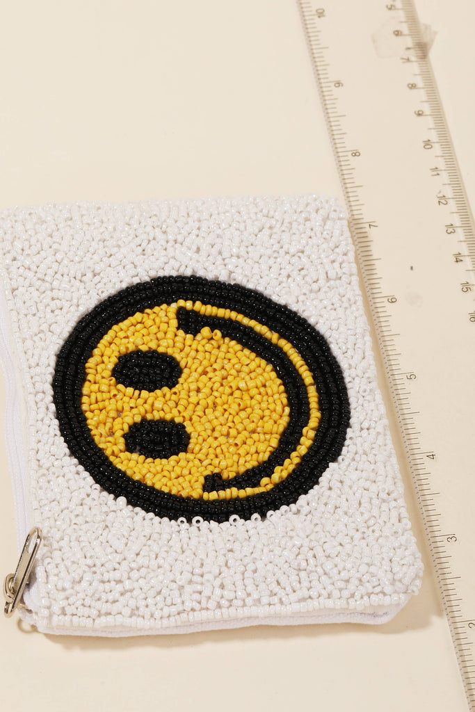 White Seed Beaded Smiley Face Coin Purse