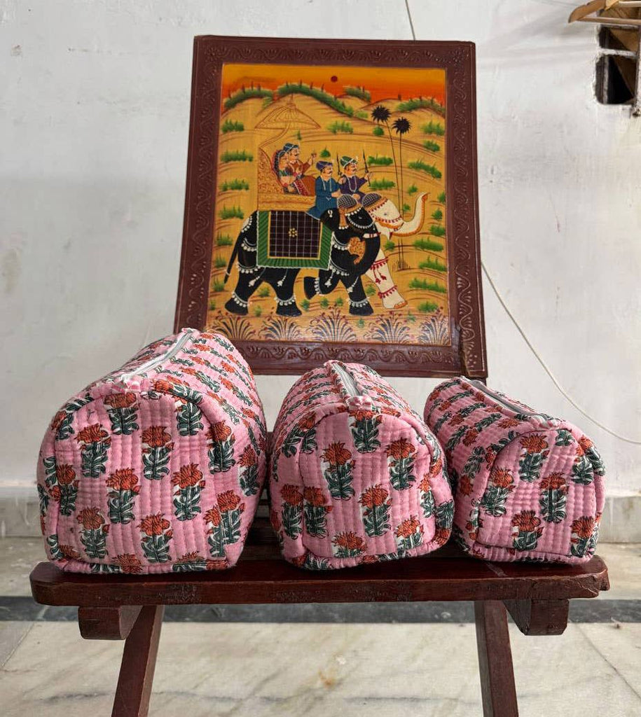 Pink Cotton Bag Floral Printed Cosmetic Bag Quilted Handbag