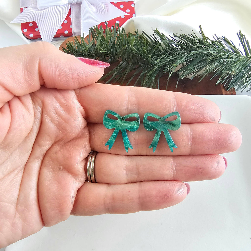 Bow Studs - Green Shimmer // Christmas, Holiday, Jewelry, Earrings
