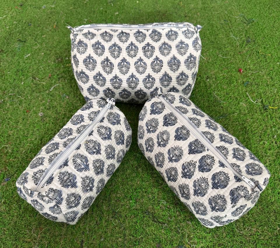 Hand Block Printed Bag Cotton Quilted Women's Zipper Pouches