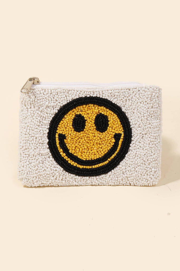 White Seed Beaded Smiley Face Coin Purse