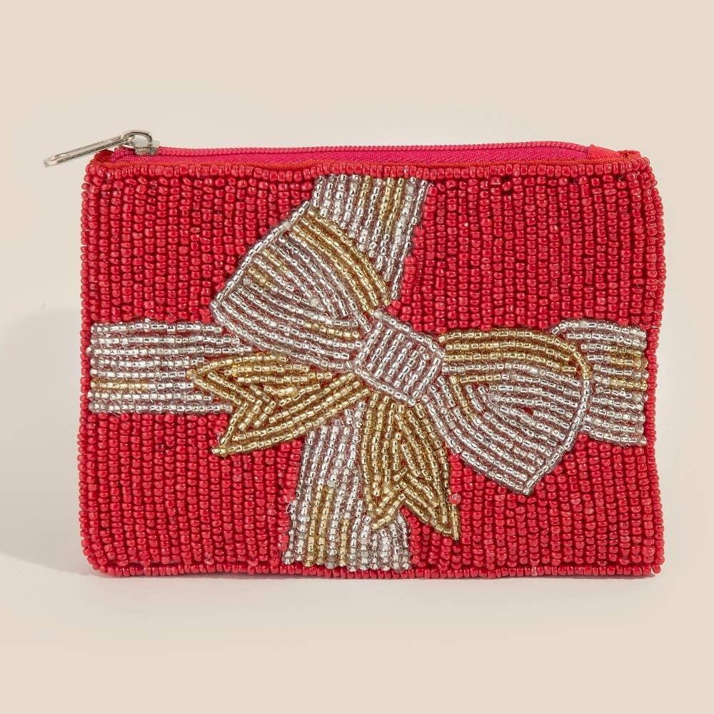 Gift Wrap Bow Seed Beaded Coin Purse