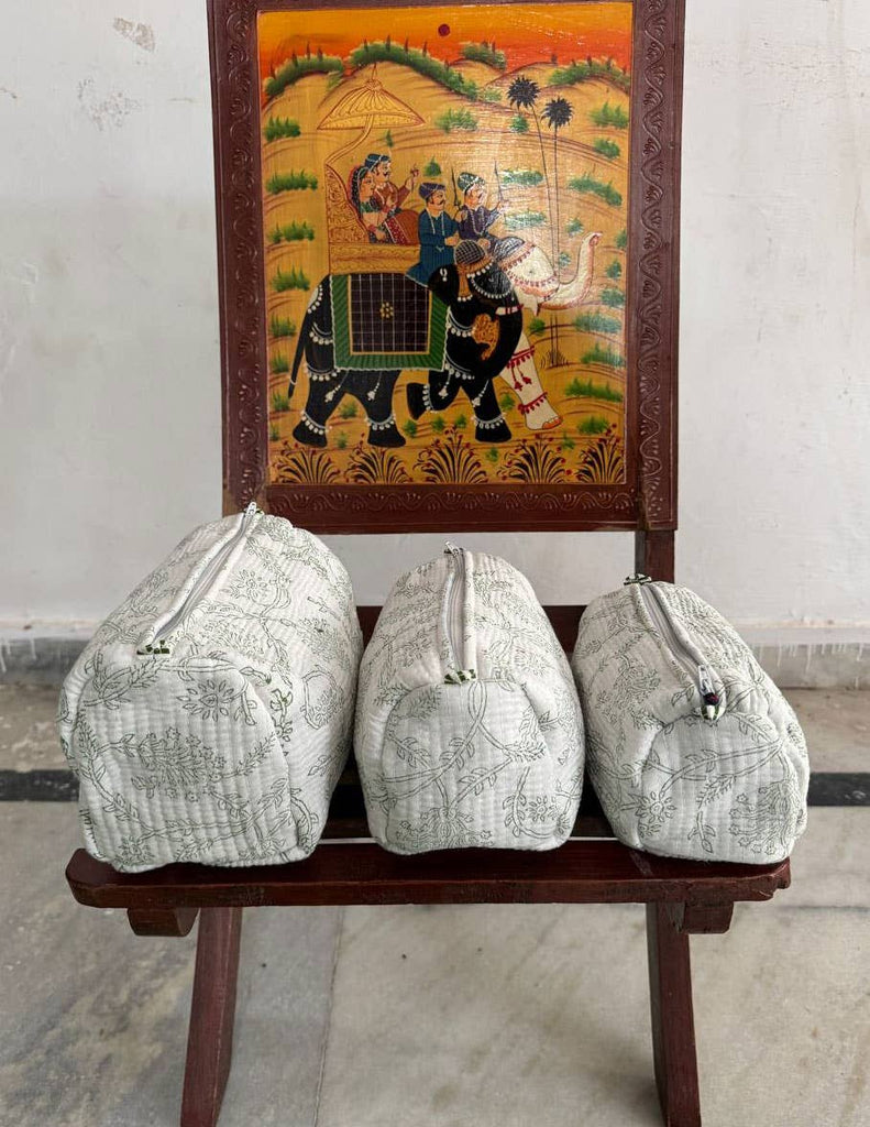 Quilted Cotton Bag Handprinted Toiletry Bag Makeup Bag Pouch