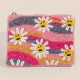 Smiley Flowers And Wavy Stripes Seed Beaded Coin Purse
