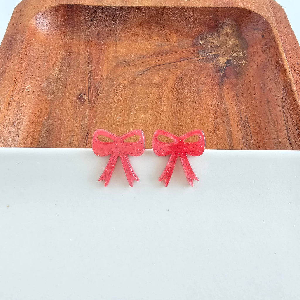 Bow Studs - Red Shimmer // Christmas, Holiday, Jewelry, Earrings