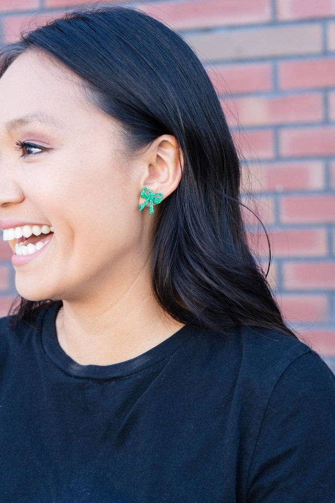 Bow Studs - Green Glitter // Jewelry, Earrings, Game Day, Christmas