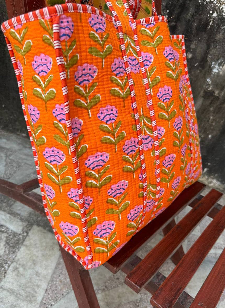Handmade Cotton Quilted Market Bag - Orange Floral