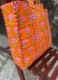 Handmade Cotton Quilted Market Bag - Orange Floral