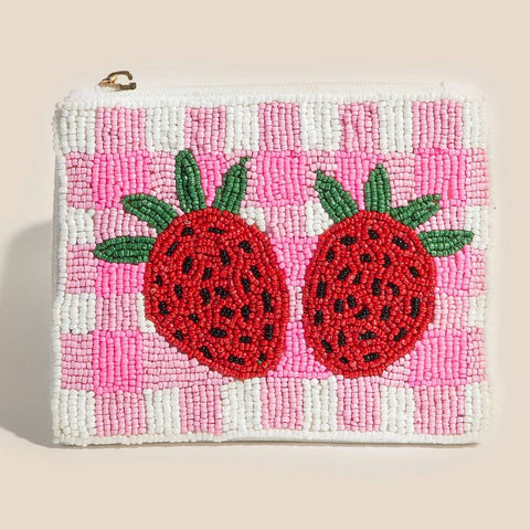 Seed Beaded Double Strawberry Coin Purse