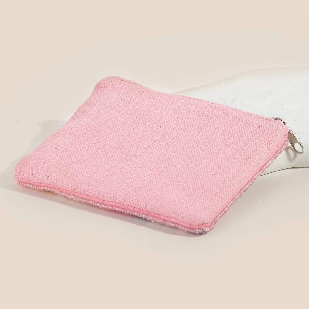 Smiley Flowers And Wavy Stripes Seed Beaded Coin Purse