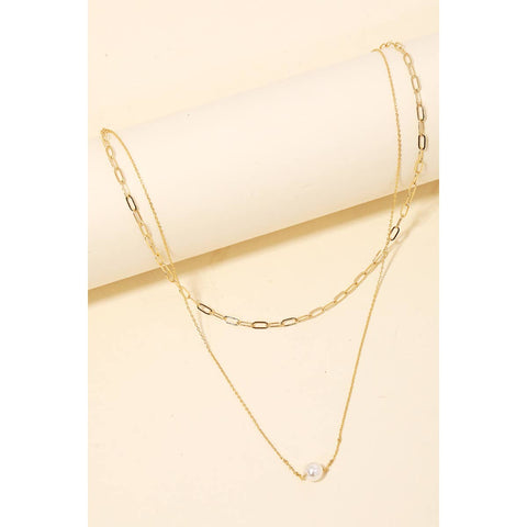Layered Chain Link Pearl Ball Charm Necklace