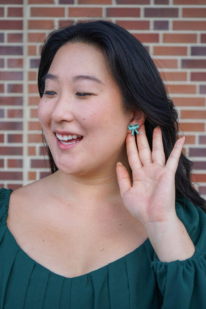 Bow Studs - Green Shimmer // Christmas, Holiday, Jewelry, Earrings