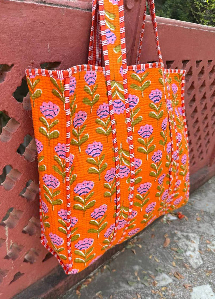 Handmade Cotton Quilted Market Bag - Orange Floral