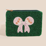 Green And Pink Seed Beaded Ribbon Bow Coin Purse