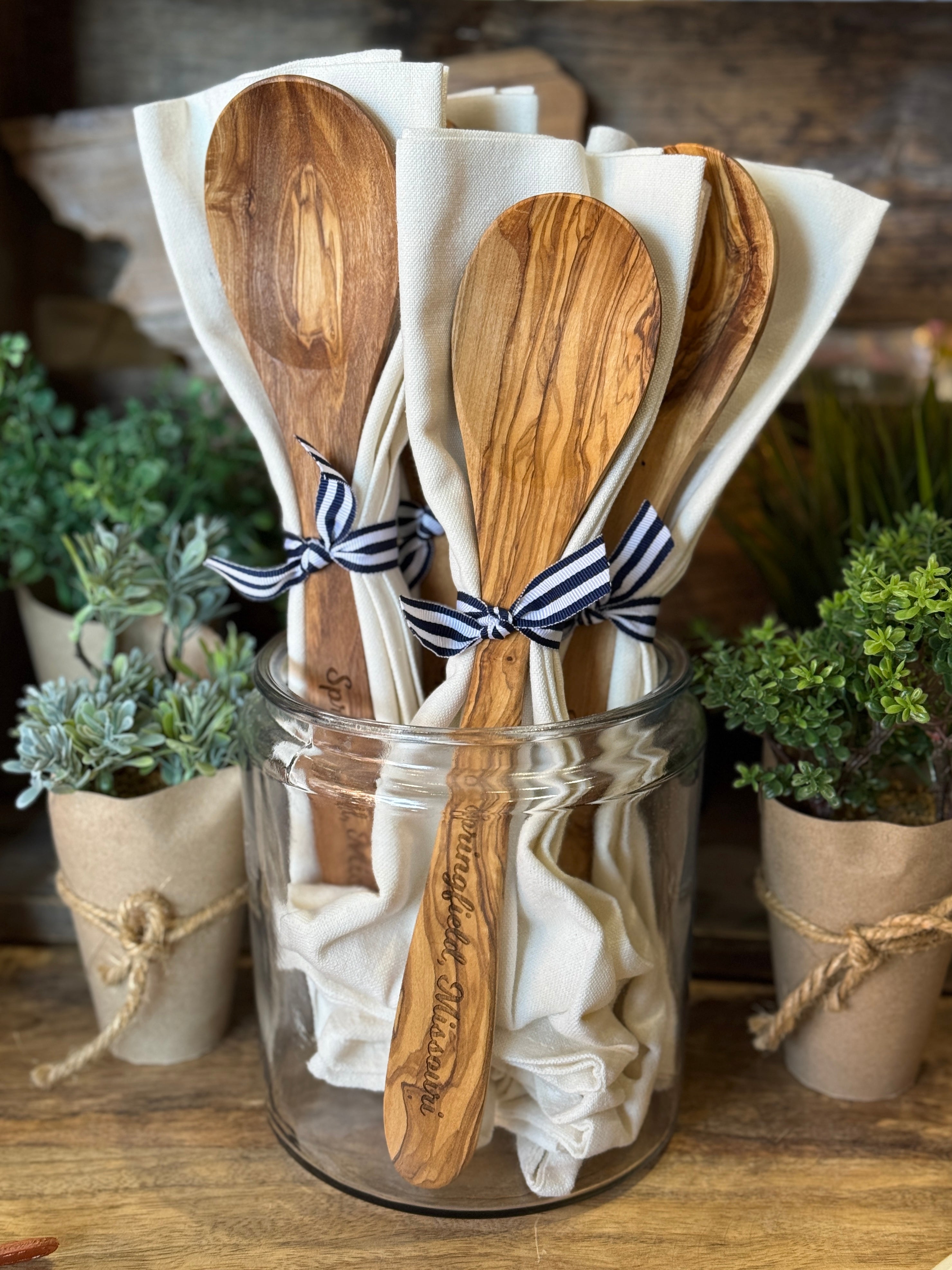 Olive Wood Serving Spoon & Towel Gift Set